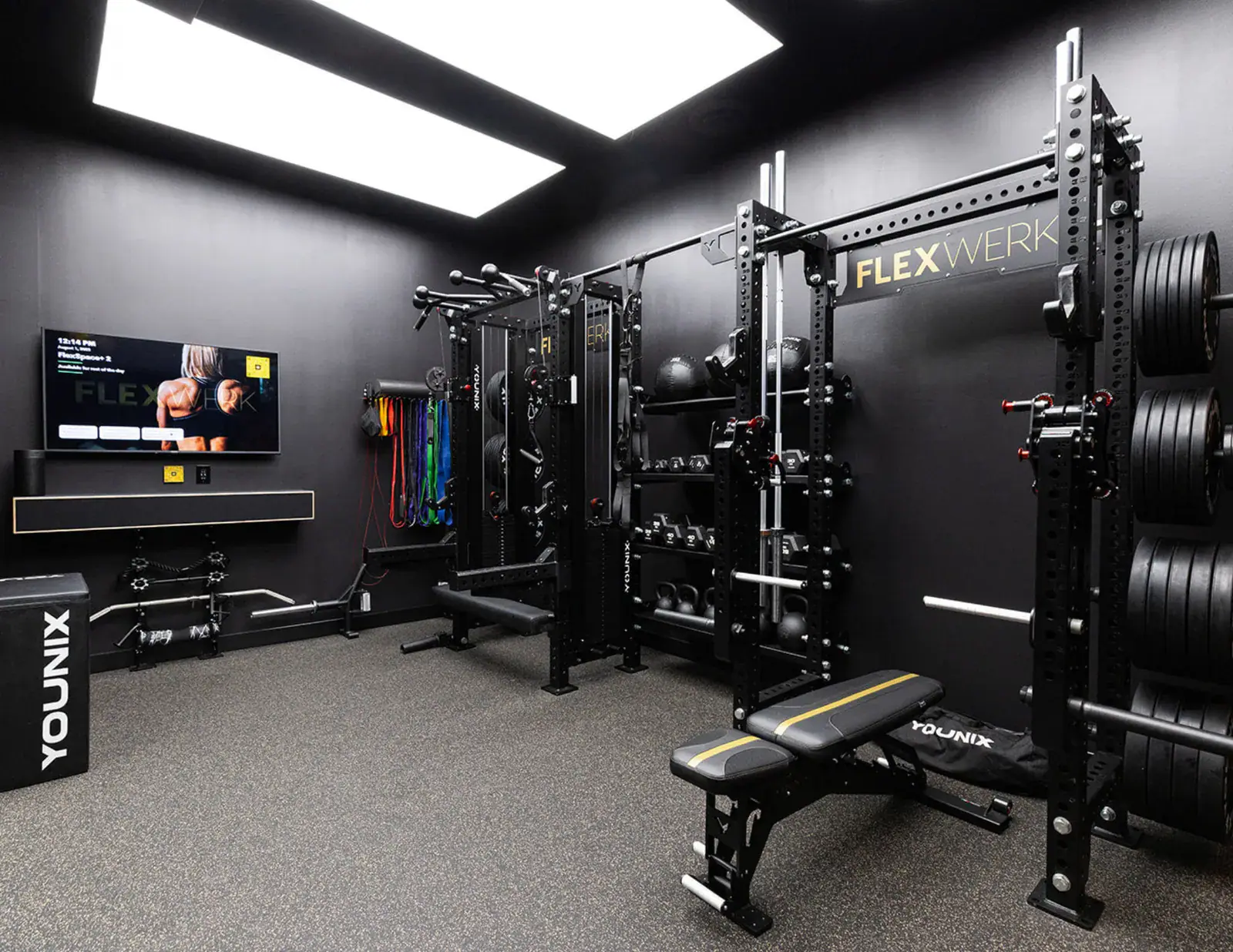 Inside a FlexSpace Plus private training room at FlexWerk Carmel: racks, cable stations, dumbbells, and a wall-mounted TV
